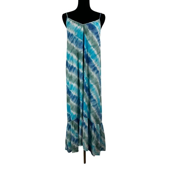 Rails Jennica Tie-Dyed Crepe Dress Maxi Ruffle Sundress Blue Green Womens Size S - Picture 3 of 11